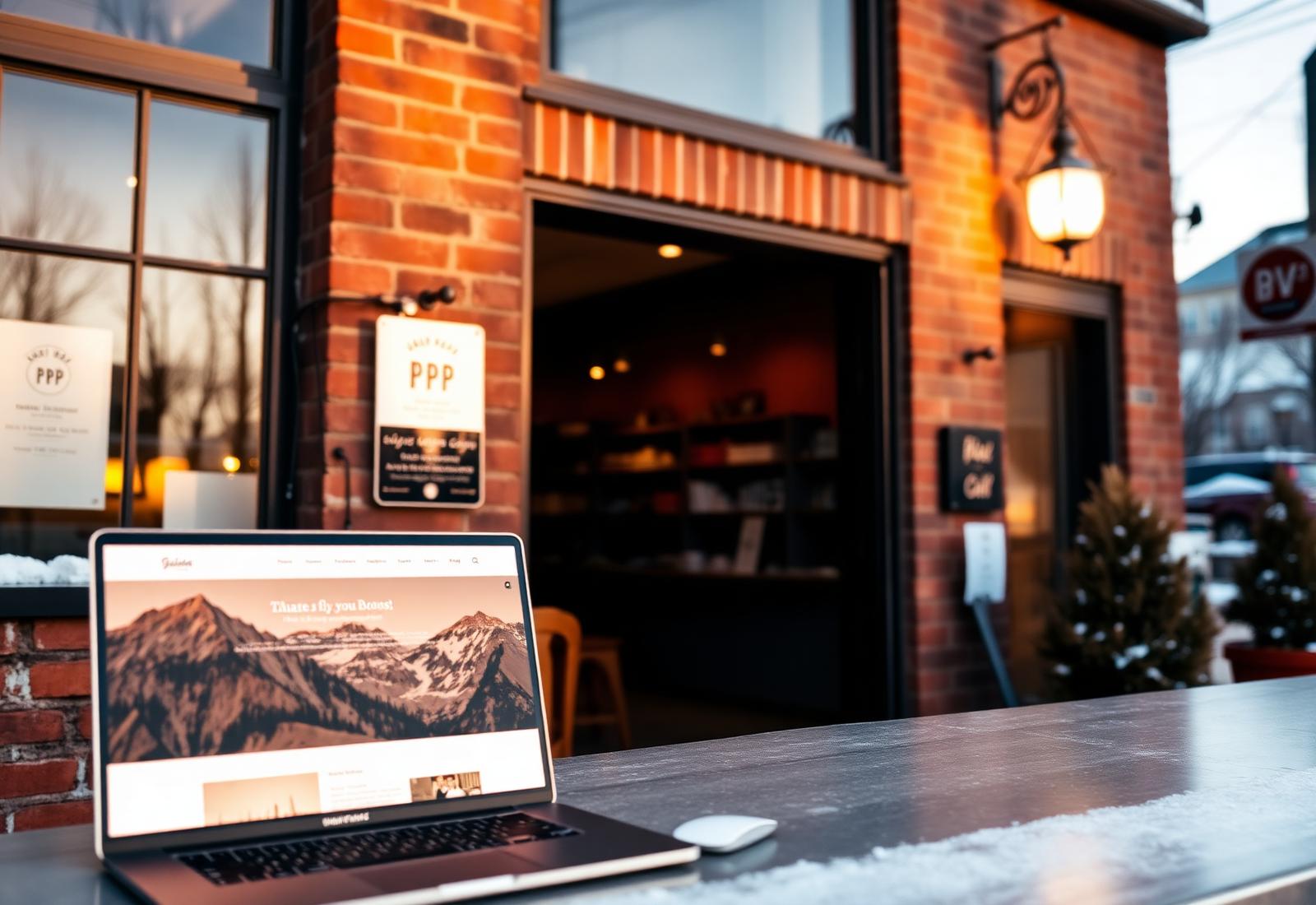 Canadian storefront with a new business website on a laptop